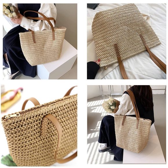 Large Straw Beach Bag, Straw Handbag Woven Tote Bag With Zier UwU - Picture 6 of 6